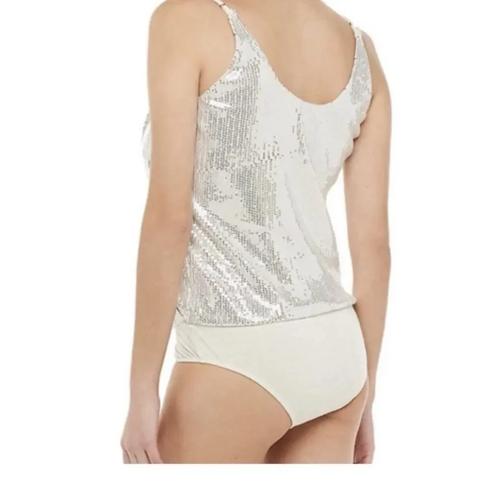 NWT Jennifer Lopez XLarge Sequin Cream/Silver Wrap Bodysuit Shirt
